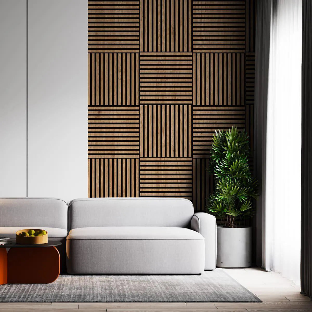 Wooden Acoustic Panels - NATURAL OAK Wall Slats feature wall in living room interior DecorMania.eu