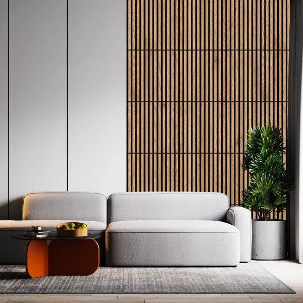 Wooden Acoustic Panels - NATURAL OAK Wall Slats in living room interior DecorMania.eu