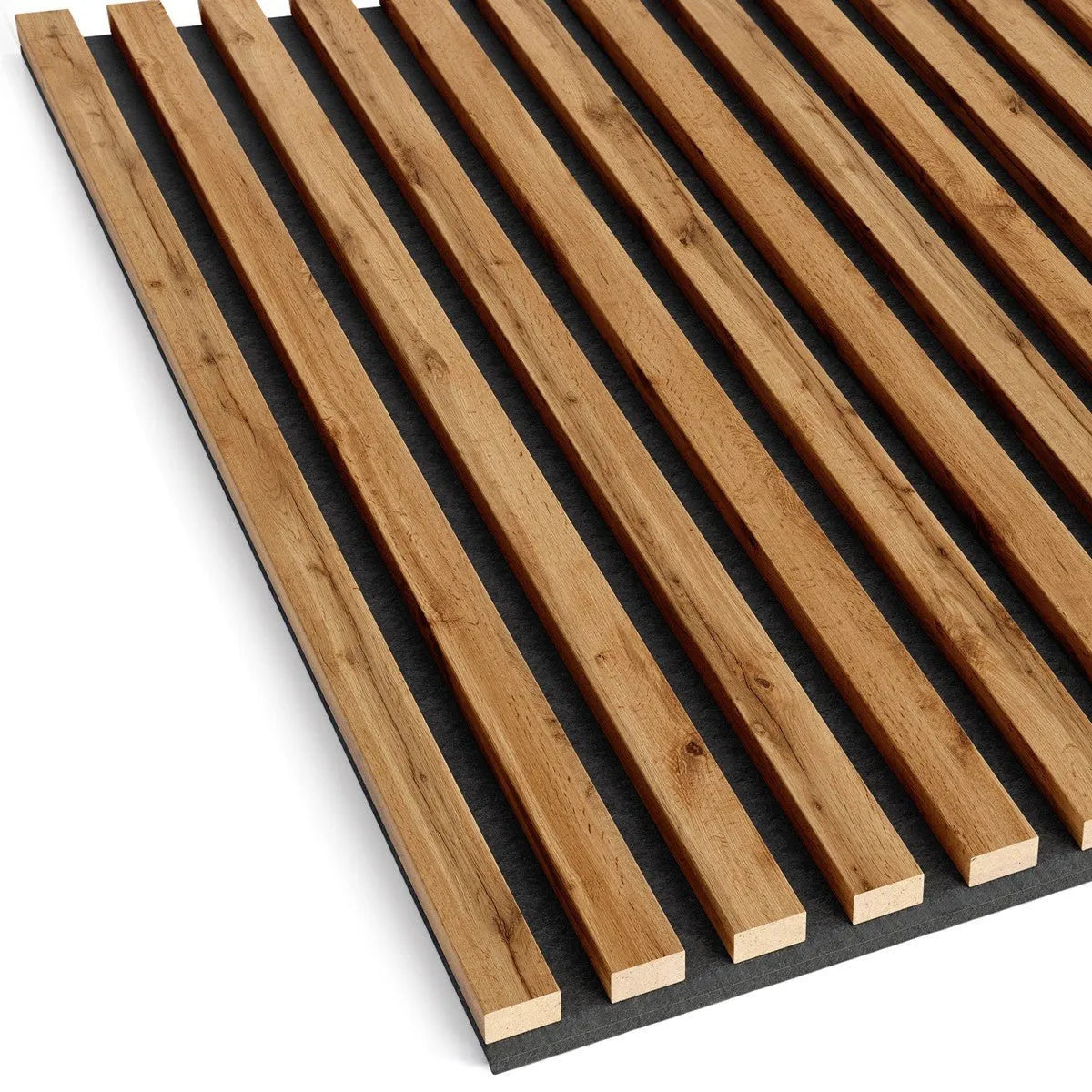 Wooden Acoustic Panels - RUSTIC OAK Wall Slats on white background DecorMania.eu