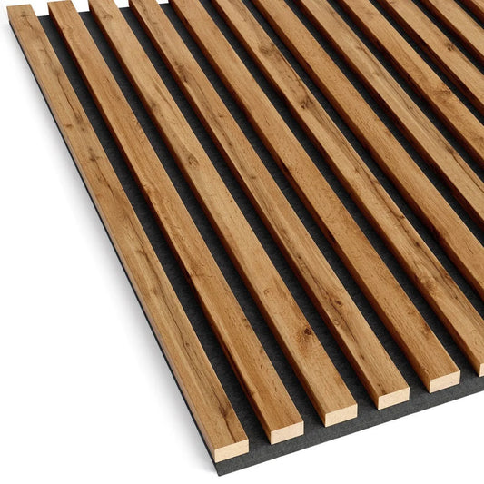Wooden Acoustic Panels - RUSTIC OAK Wall Slats on white background DecorMania.eu