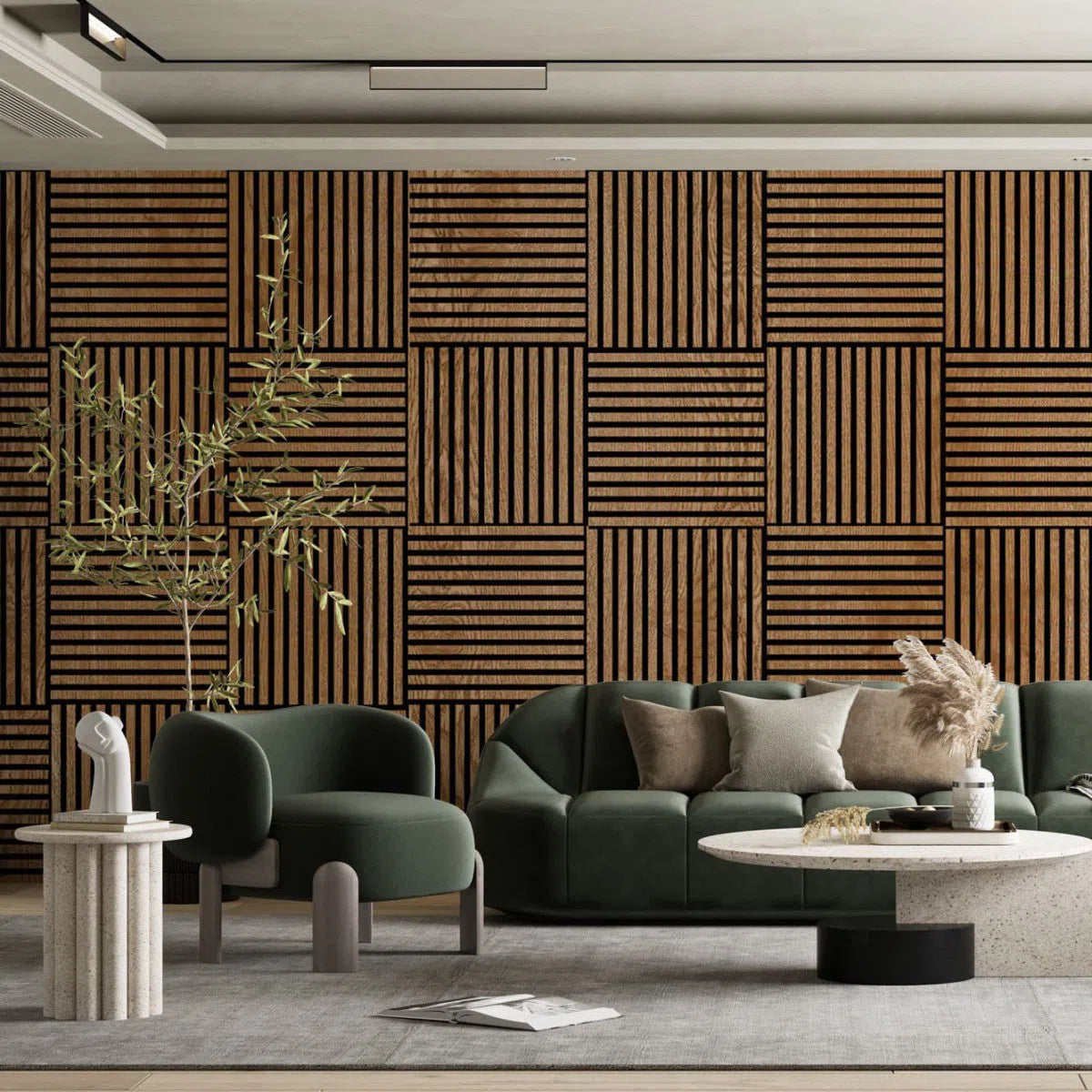 Wooden Acoustic Panels - VENEERED OAK Wall Slats in living room interior DecorMania.eu