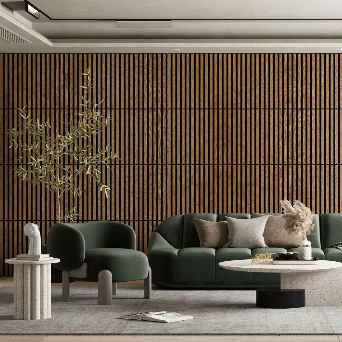 Wooden Acoustic Panels - VENEERED OAK Wall Slats in iving room interior DecorMania.eu