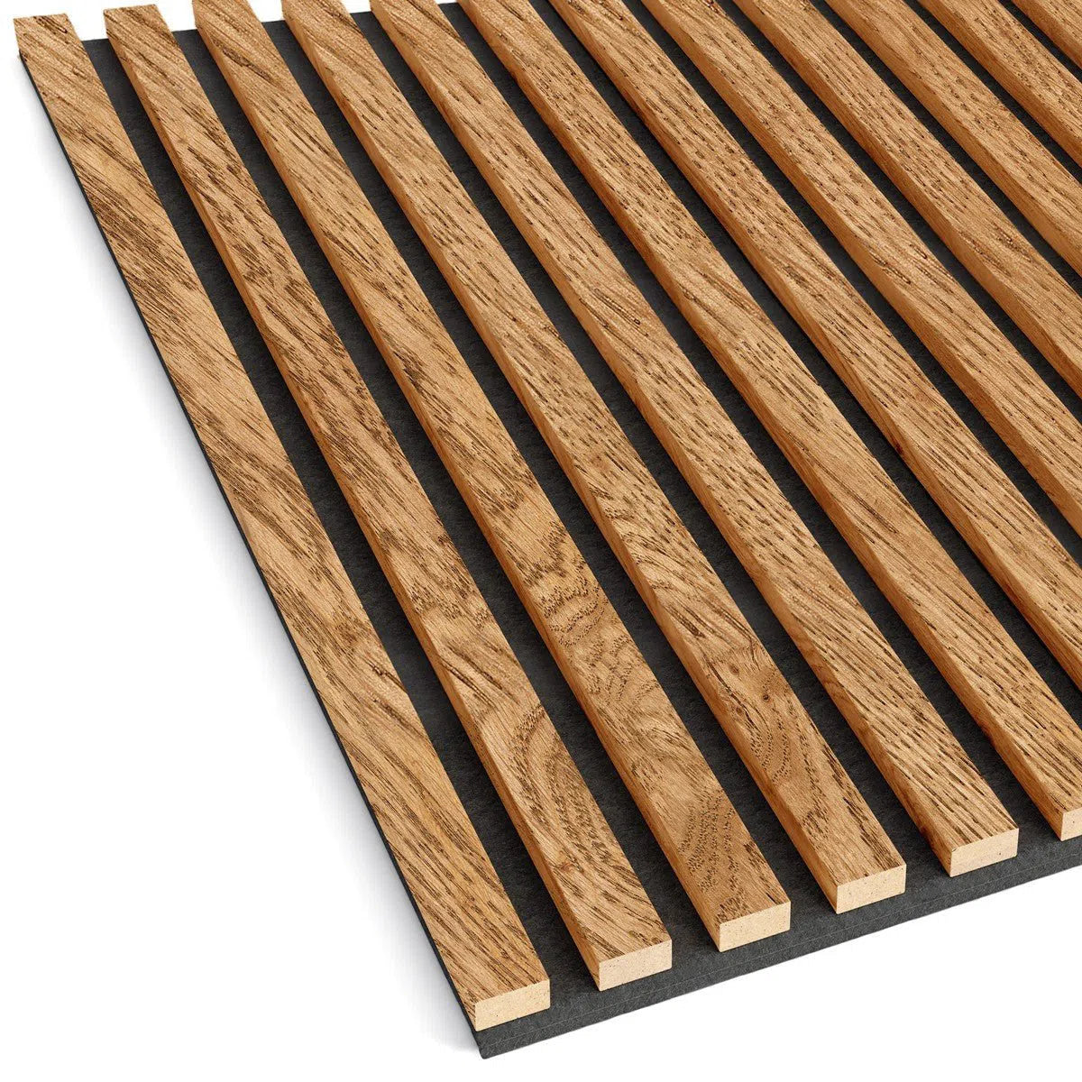 Wooden Acoustic Panels - VENEERED OAK Wall Slats on white background DecorMania.eu