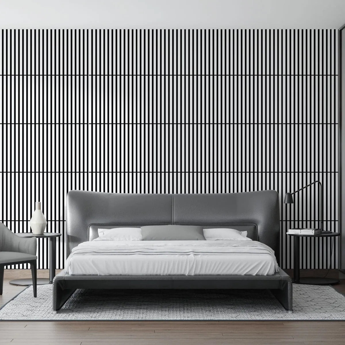 Wooden Acoustic Panels - WHITE Wall Slats feature wall in bedroom interior DecorMania.eu