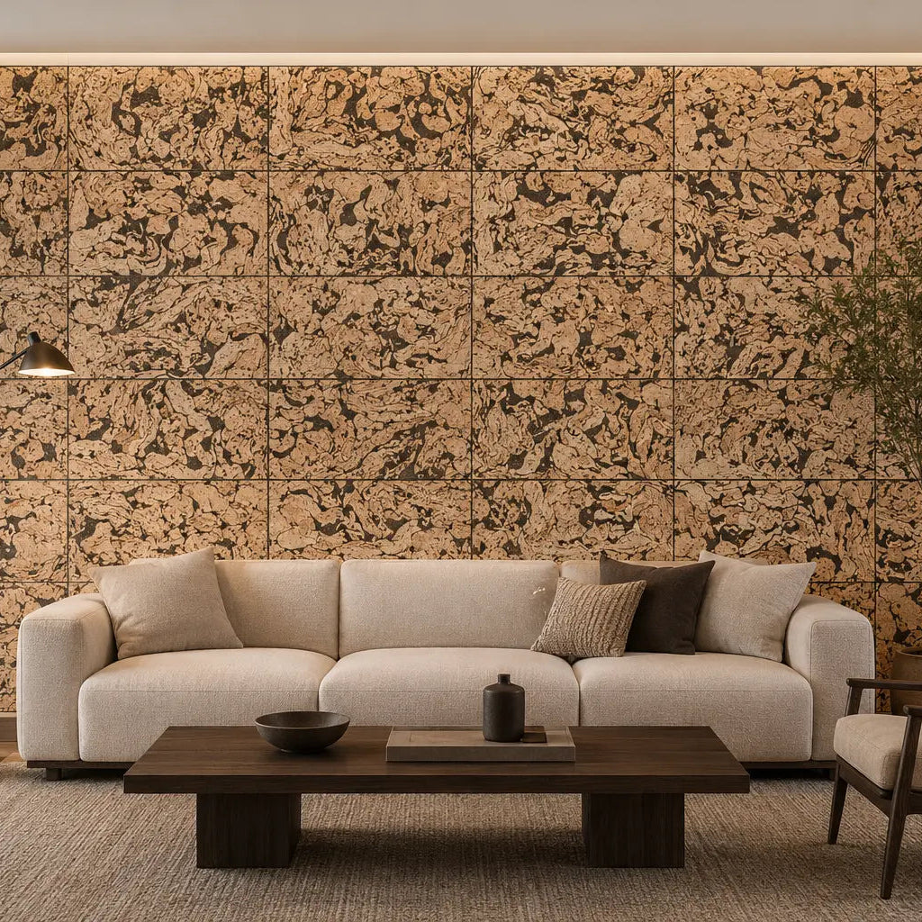 ZEBRA acoustic cork wall panels with a bold natural pattern in a modern living room with a cream sofa and dark wooden furniture front view