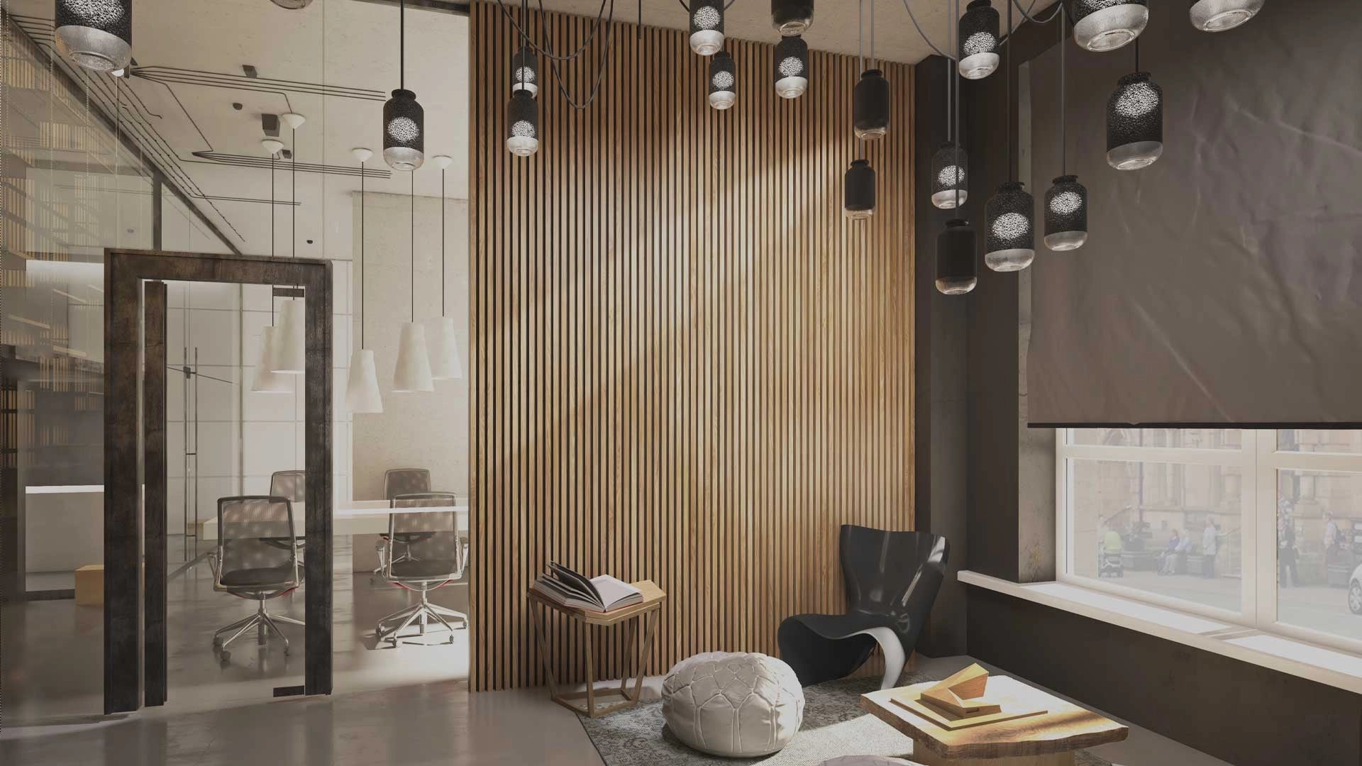 Acoustic Wood Slat Wall Panel In Modern Office Interior