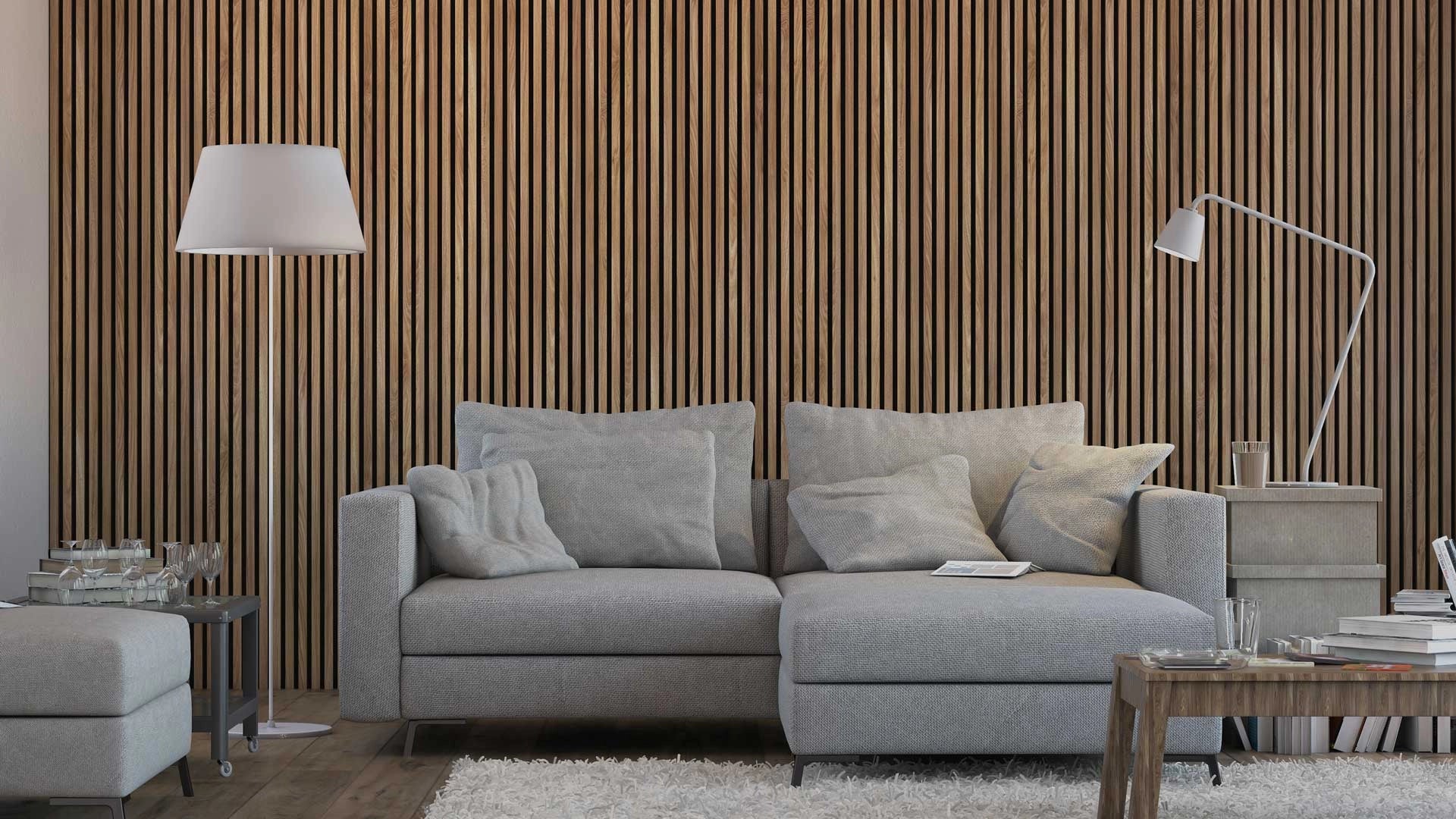 Acoustic Wood Slat Wall Panel In Modern Living Room Interior