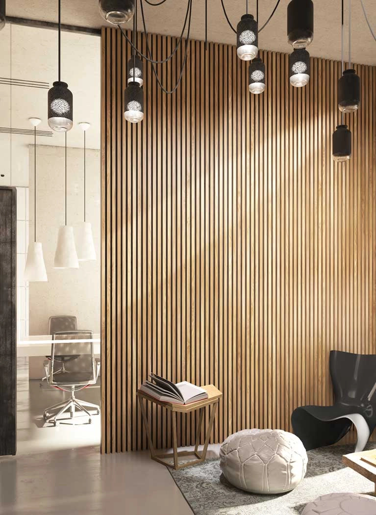 Acoustic Wood Slat Wall Panel In Modern Office Interior