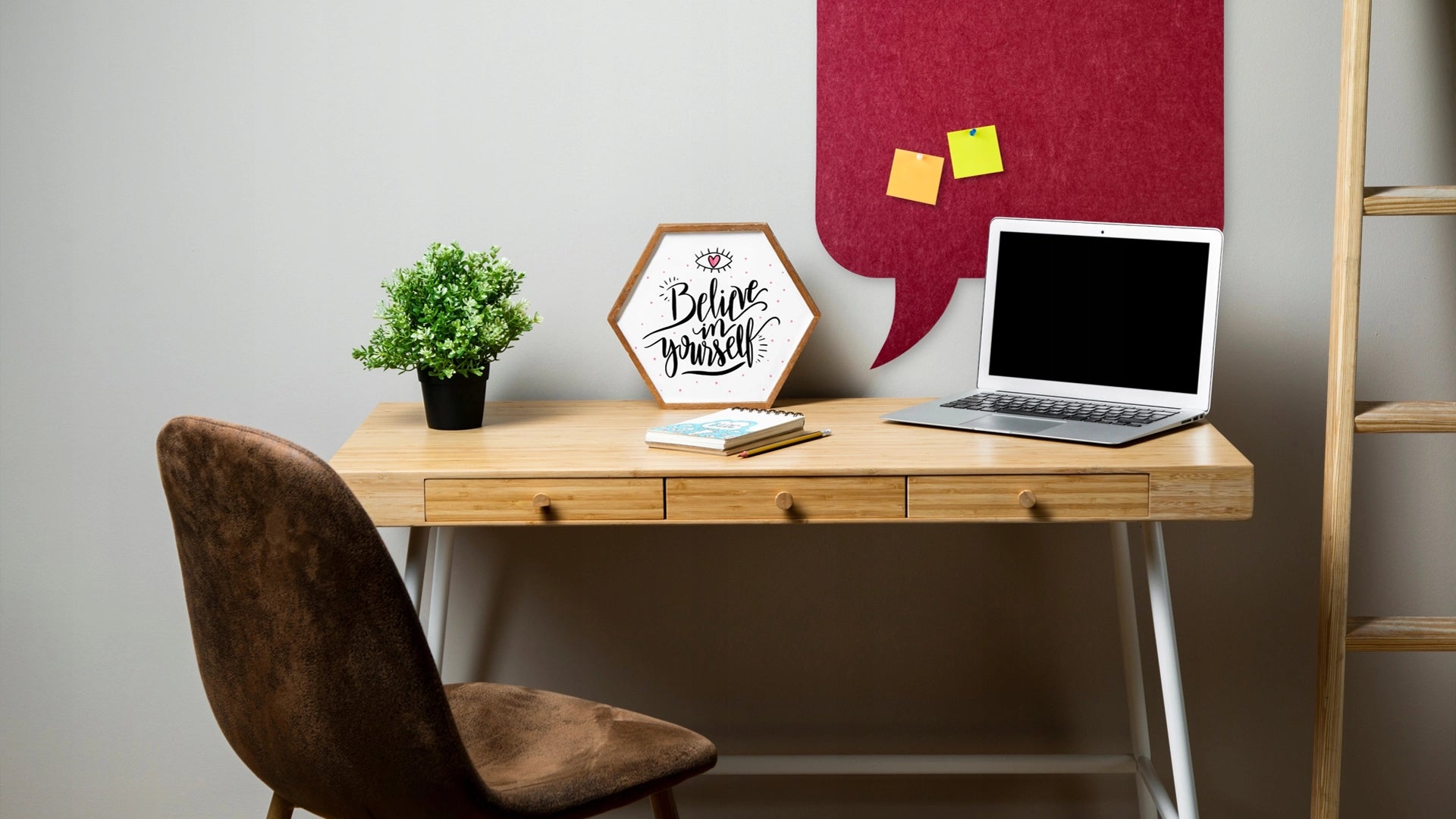 bulletin felt pin board acoustic office supplies desk with laptop and white wall