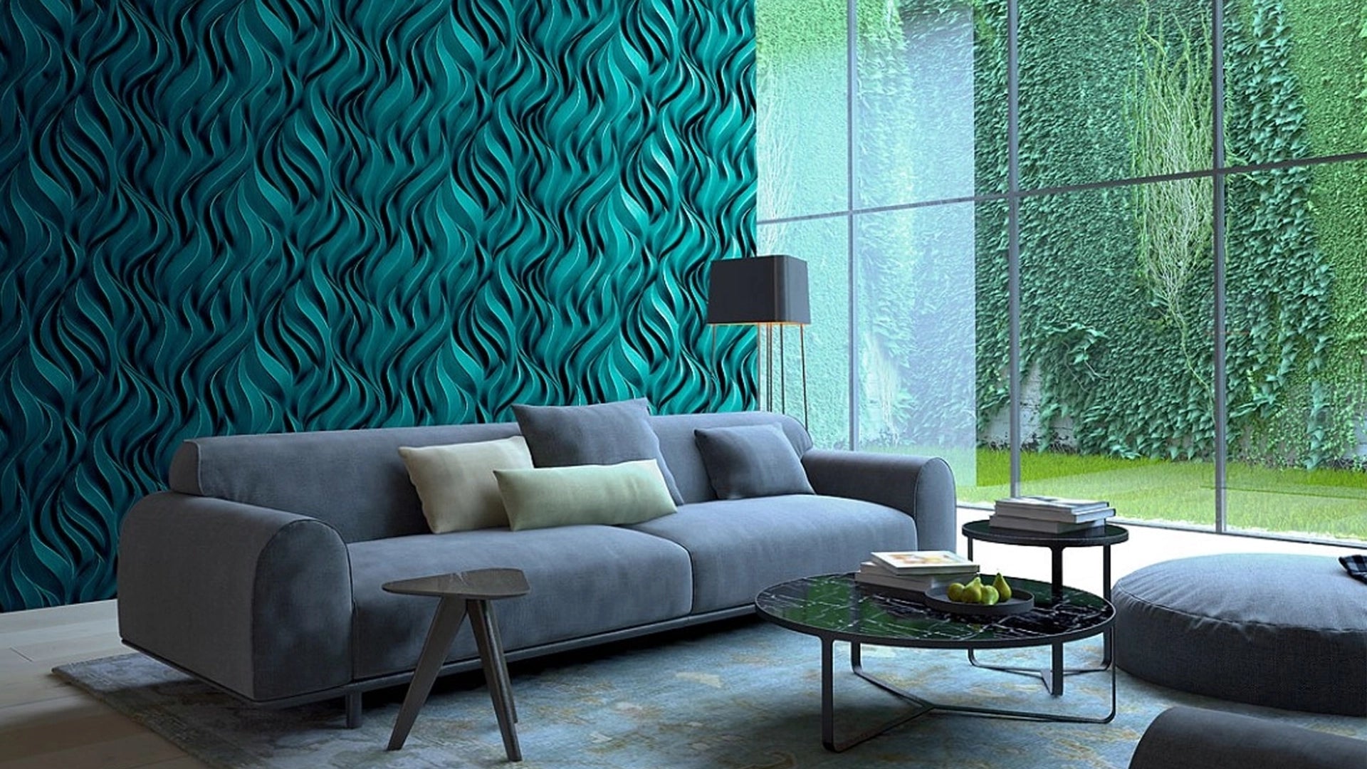 THE WIND Polystyrene Wall Art – 3D Decorative Panels as teal accent wall in living room interior DecorMania.eu