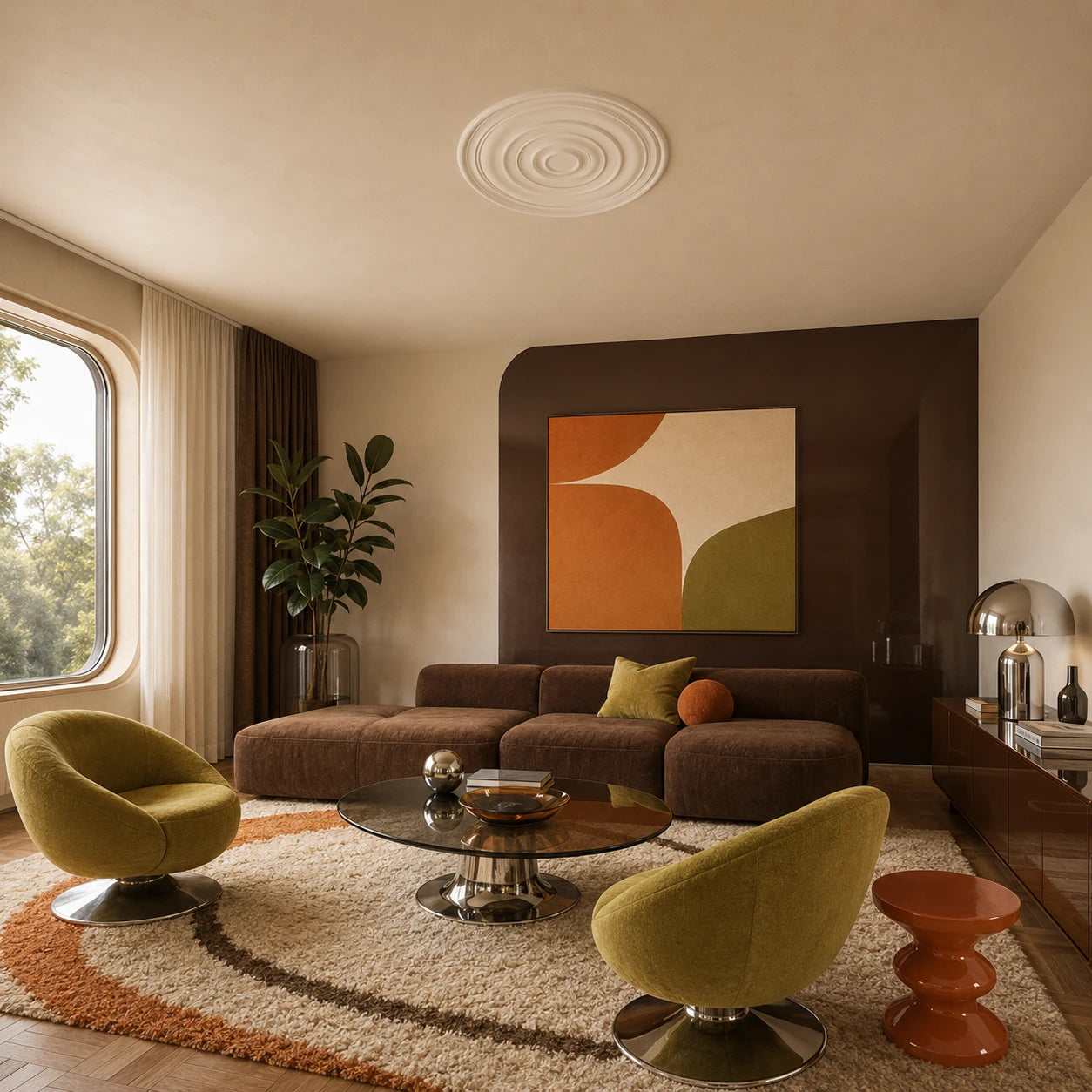 Modern retro living room with a white Alanna ceiling rose featuring concentric circular reliefs, displayed above brown and olive furniture