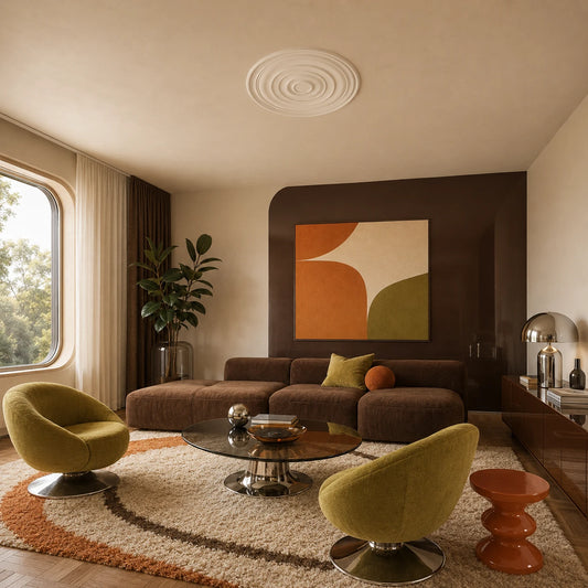 Modern retro living room with a white Alanna ceiling rose featuring concentric circular reliefs, displayed above brown and olive furniture