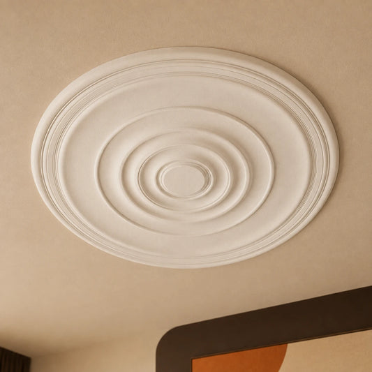Close-up of the white Alanna ceiling rose, showing its layered concentric rings and smooth decorative relief