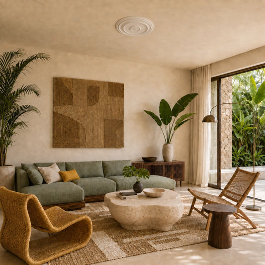 Bright tropical-style living room with a white Andrina ceiling rose featuring broad concentric rings on a warm beige ceiling