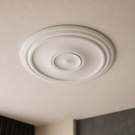 Close-up of the white Arabella ceiling rose with a wide smooth centre, raised circular border and central mounting point