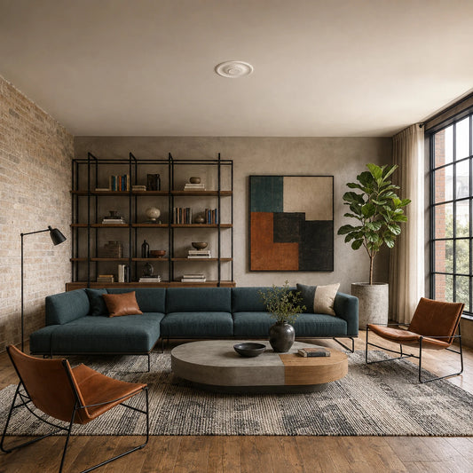 Industrial-style living room with a minimalist white Ava ceiling rose mounted above a teal sofa and leather chairs