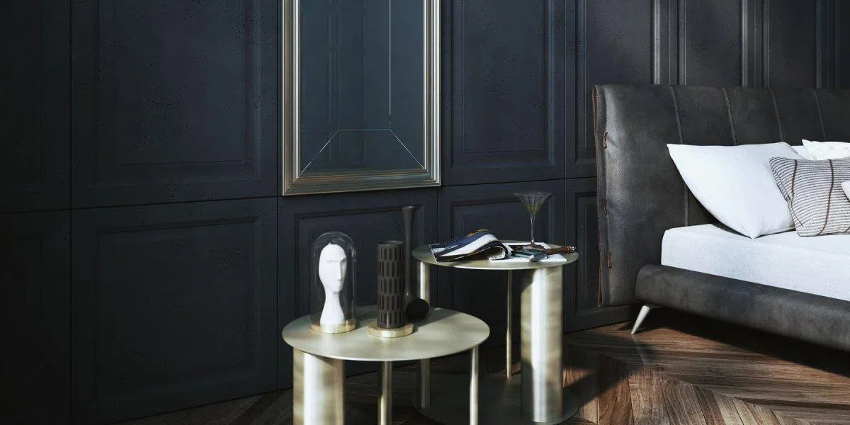 Concrete 3D Wall Panel FRAMES in dark bedroom interior DecorMania.eu