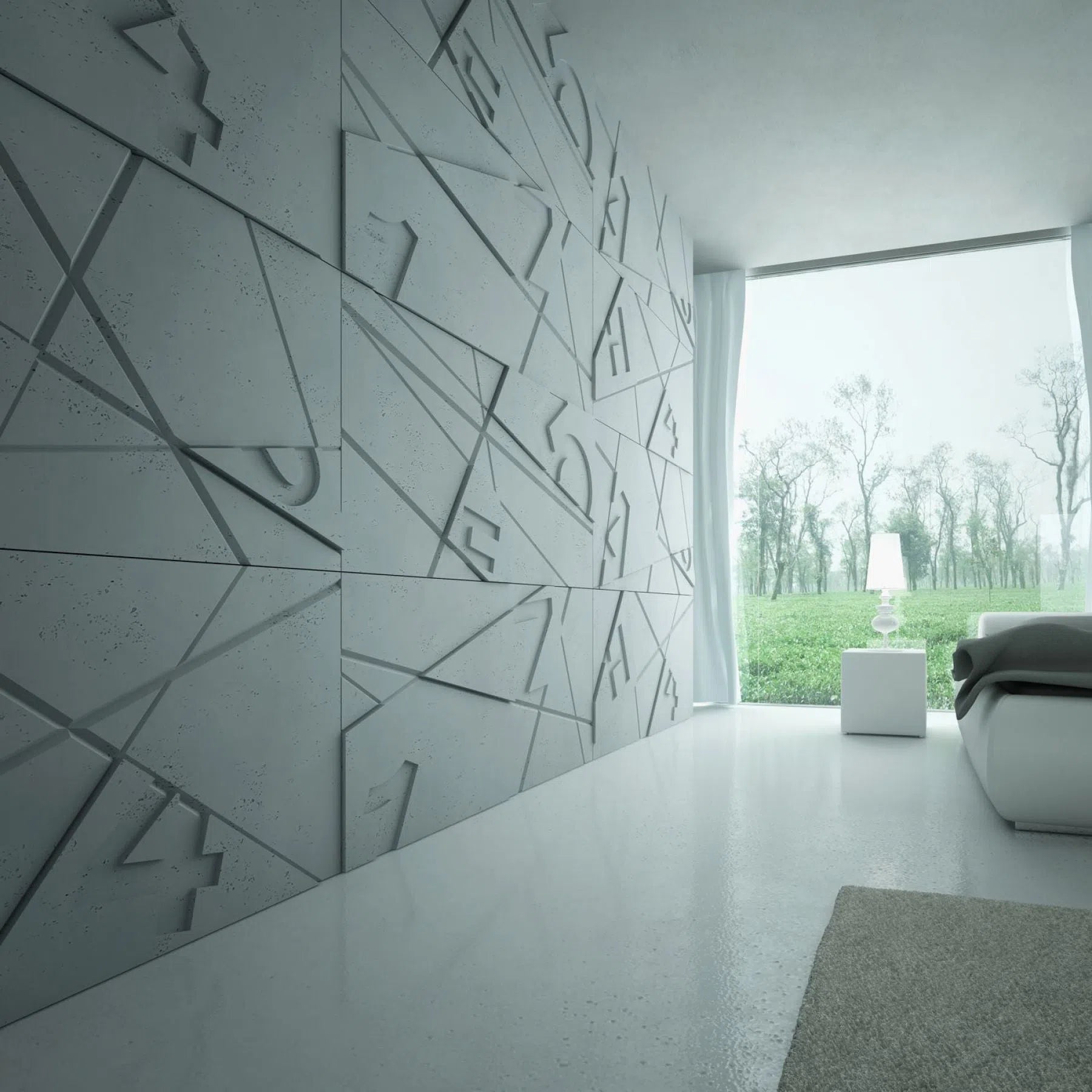 Concrete 3D Wall Panel GRAPHICS in modern white colour interior DecorMania.eu