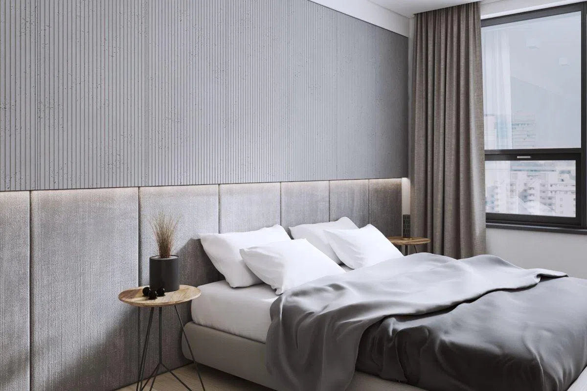 Concrete 3D Wall Panel GROOVE in bedroom interior DecorMania.eu