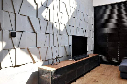Concrete 3D Wall Panel MULTI BOOKCASE in modern living room interior DecorMania.eu