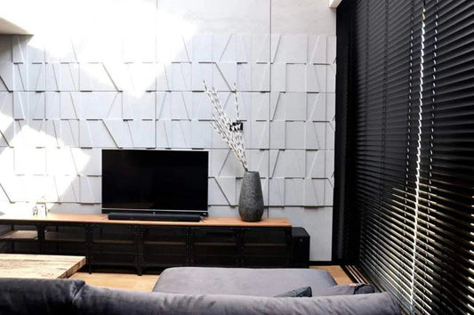 Concrete 3D Wall Panel MULTI BOOKCASE in living room interior DecorMania.eu