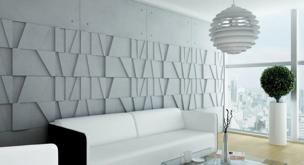 Concrete 3D Wall Panel MULTI BOOKCASE in white colour living room interior DecorMania.eu