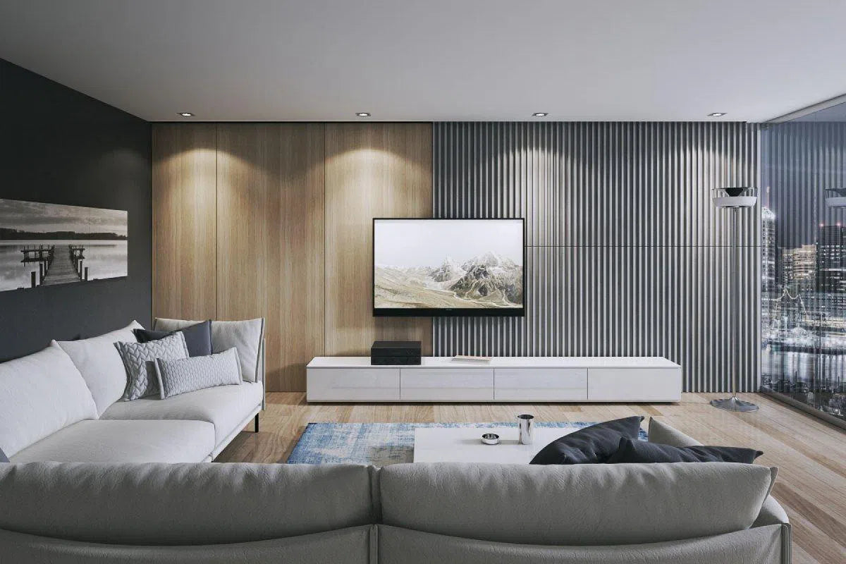 Concrete 3D Wall Panel RIFT M in modern living room interior DecorMania.eu
