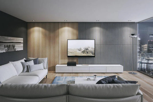 Concrete 3D Wall Panel RIFT M in modern living room interior DecorMania.eu