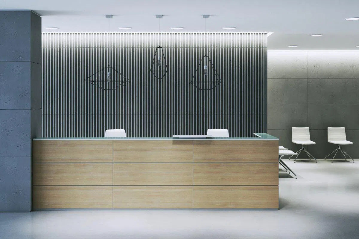 Concrete 3D Wall Panel RIFT M in modern recepcion interior DecorMania.eu