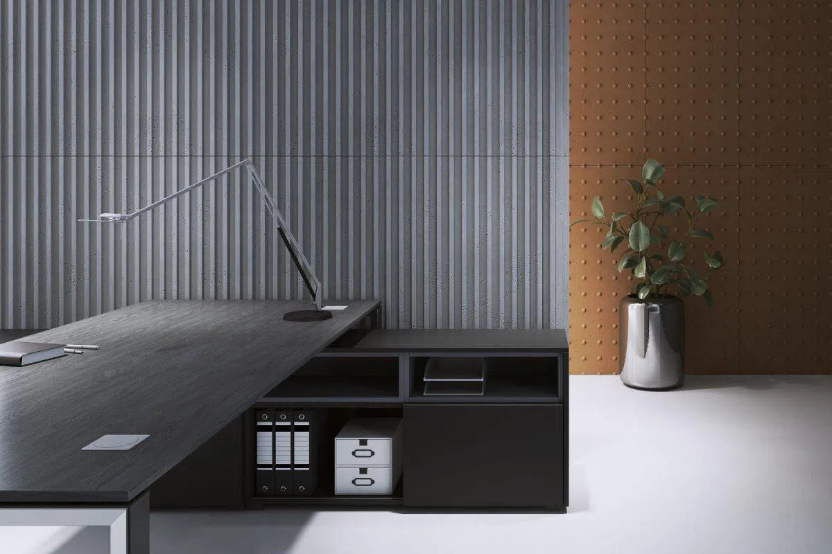 Concrete 3D Wall Panel RIFT M in grey and brown office interior DecorMania.eu