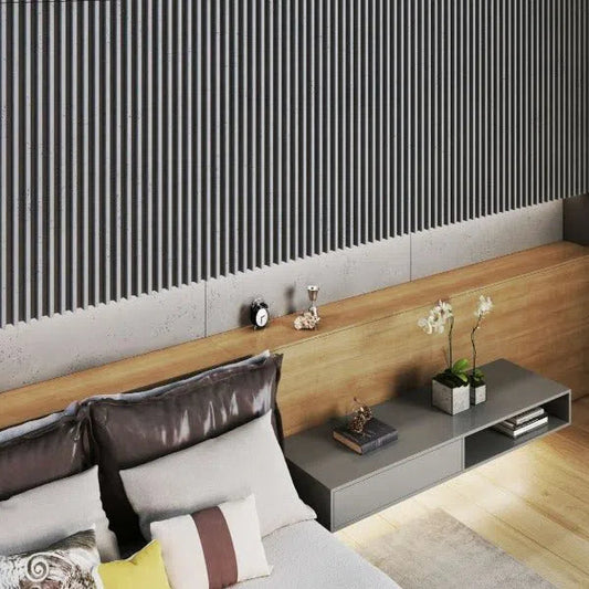 Concrete 3D Wall Panel RIFT S in bedroom interior DecorMania.eu