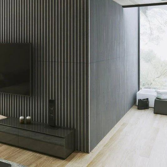 Concrete 3D Wall Panel RIFT XL in modern living room interior DecorMania.eu