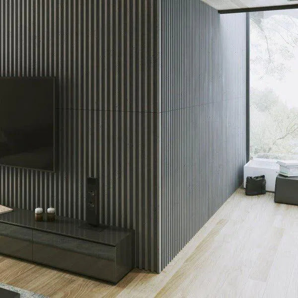 Concrete 3D Wall Panel RIFT XL in modern living room interior DecorMania.eu