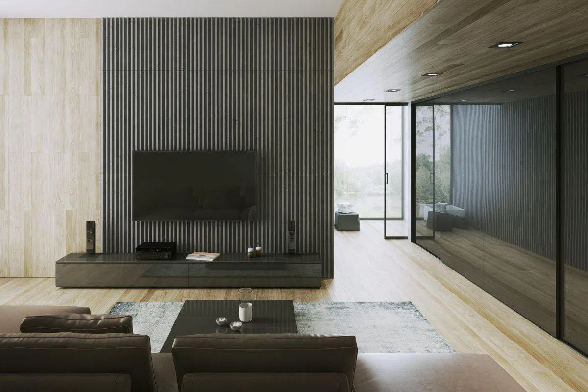 Concrete 3D Wall Panel RIFT XL in modern living room interior DecorMania.eu