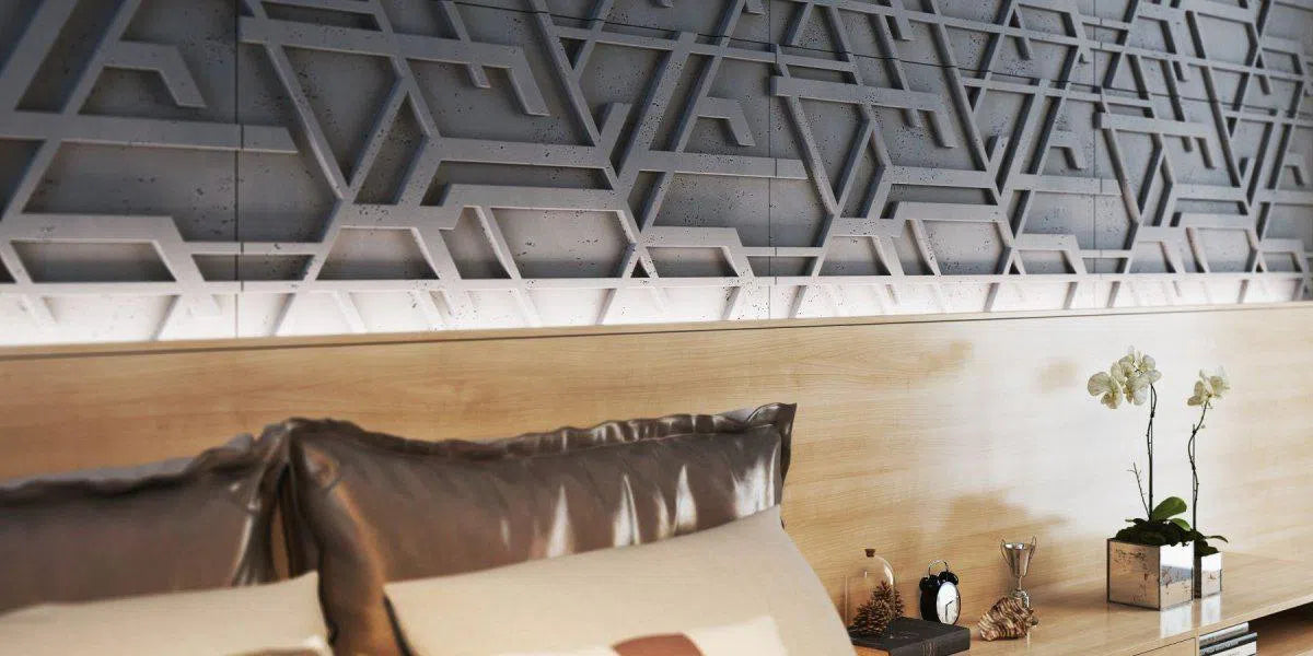 Concrete 3D Wall Panel STELLAR in bedroom interior DecorMania.eu