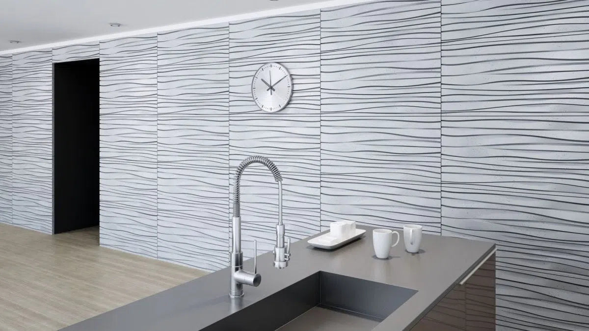 Concrete 3D Wall Panel WAVES textured wall in kitchen interior DecorMania.eu