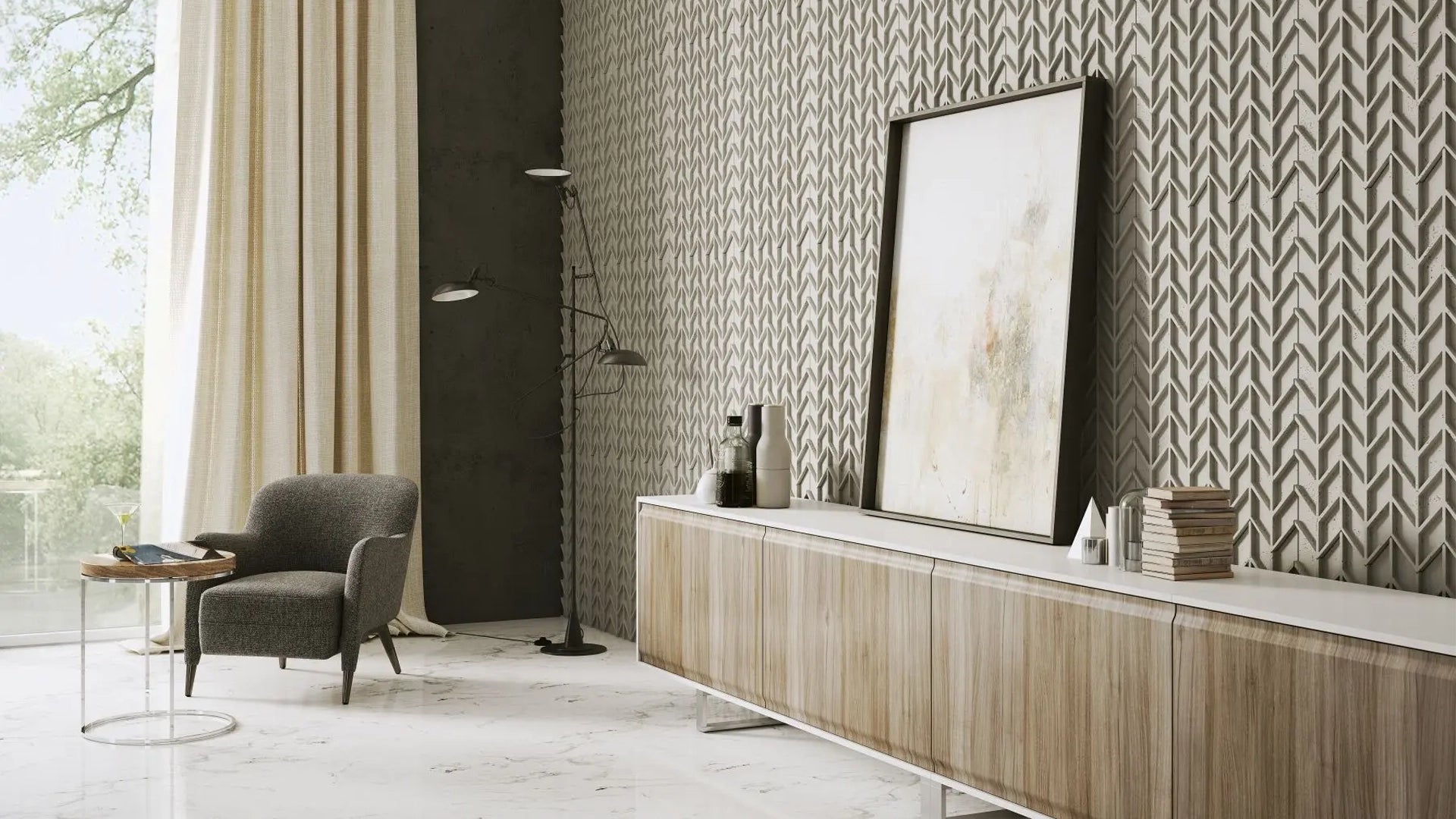 Concrete Cladding HERRINGBONE Wall Panels in modern living room interior DecorMania