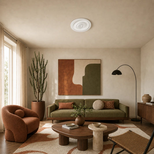 Warm mid-century living room with a white CR5 Arstyl ceiling rose featuring bold stepped concentric circles