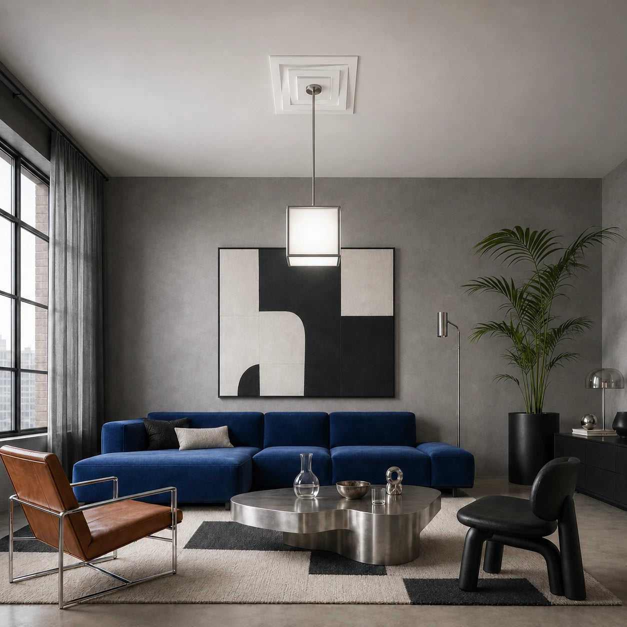 Contemporary living room with a white CS5 Arstyl square ceiling rose featuring layered geometric frames