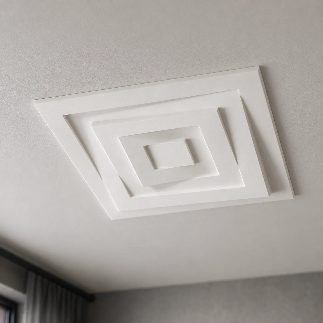 Close-up of the white CS5 Arstyl square ceiling rose with stepped concentric squares and a raised central panel
