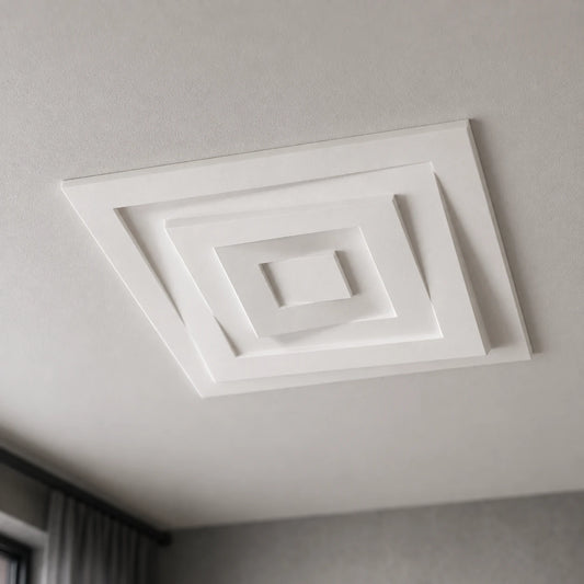 Close-up of the white CS5 Arstyl square ceiling rose with stepped concentric squares and a raised central panel
