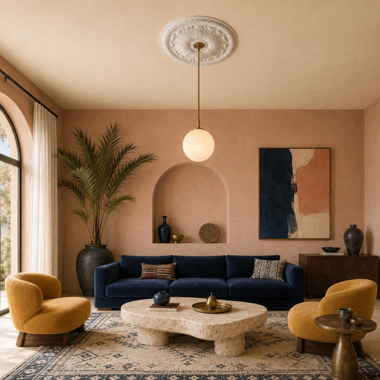 Mediterranean-style living room with an ornate white Francesca R75 ceiling rose framing a brass pendant light
