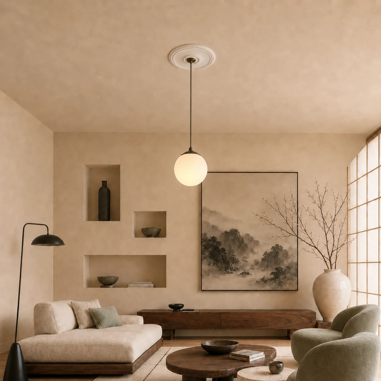 Calm Japandi living room with a white Imelda R74 ceiling rose featuring delicate beaded borders and a circular centre