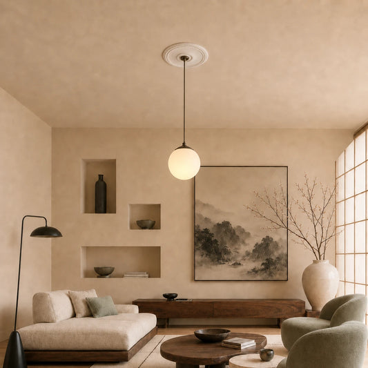 Calm Japandi living room with a white Imelda R74 ceiling rose featuring delicate beaded borders and a circular centre