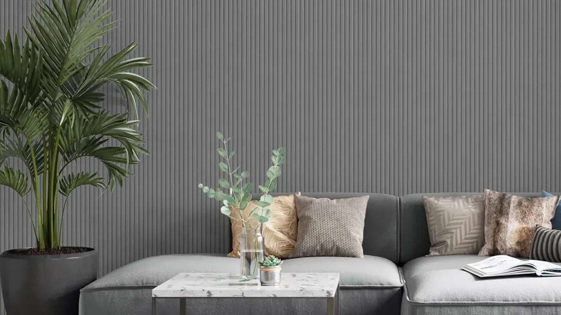 mdf fluted wall panels after effect with couch and grey panels