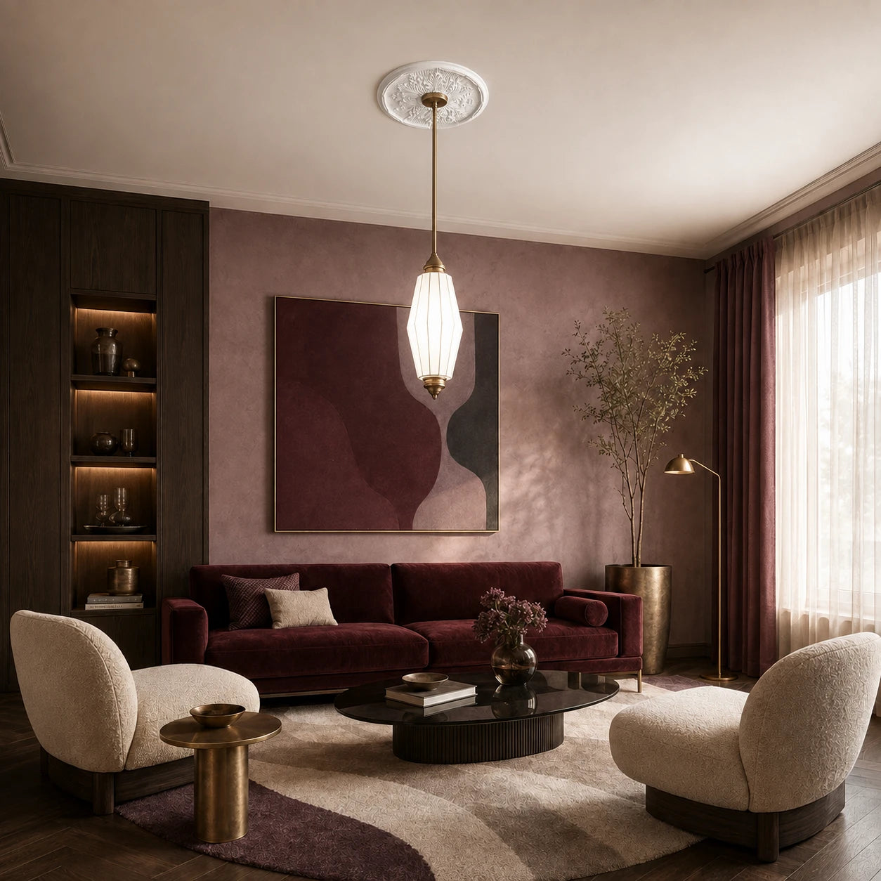 Elegant burgundy living room with an ornate white Millennia R9 Arstyl floral ceiling rose
