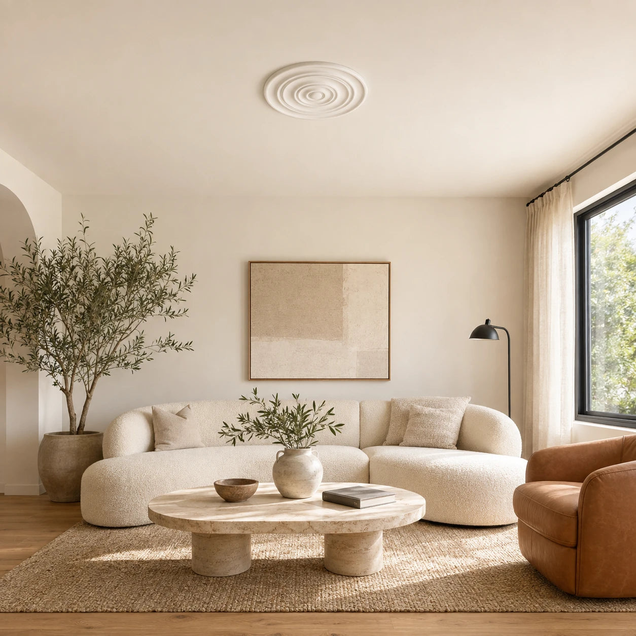 Close-up of the white R14 Arstyl ceiling rose with smooth concentric circular reliefs