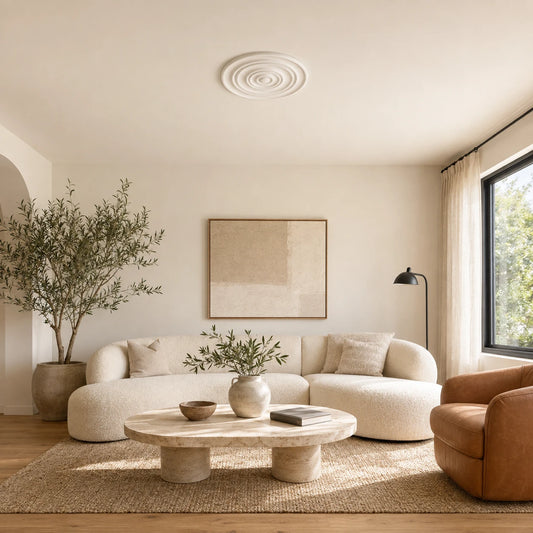 Close-up of the white R14 Arstyl ceiling rose with smooth concentric circular reliefs