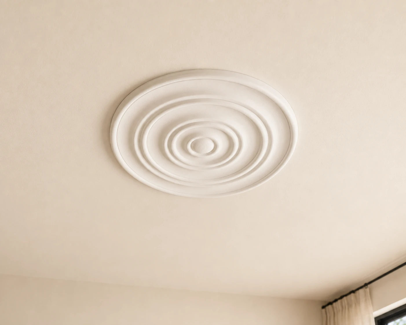Bright neutral living room featuring a white R14 Arstyl ceiling rose with concentric rings