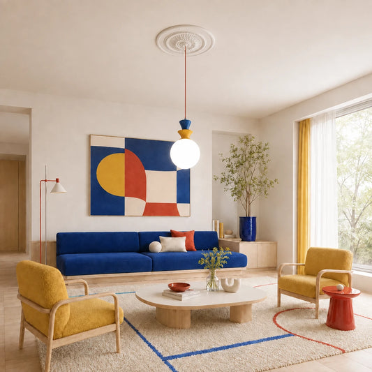 Colourful modern living room with an ornate white R20 Arstyl ceiling rose framing a pendant light